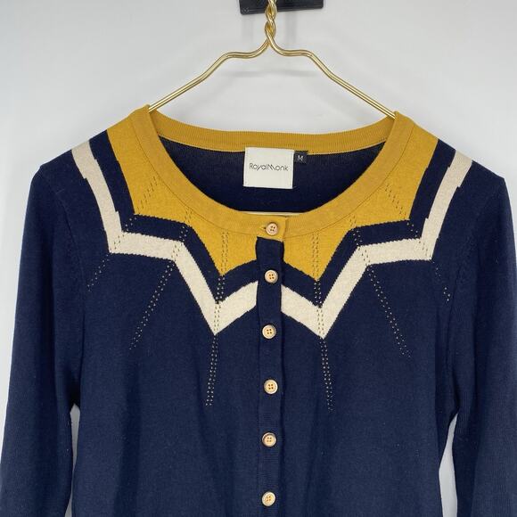 Royal Monk Banned Apparel Navy Yellow Jaquard Cardigan Sweater women's Size M - Picture 9 of 9